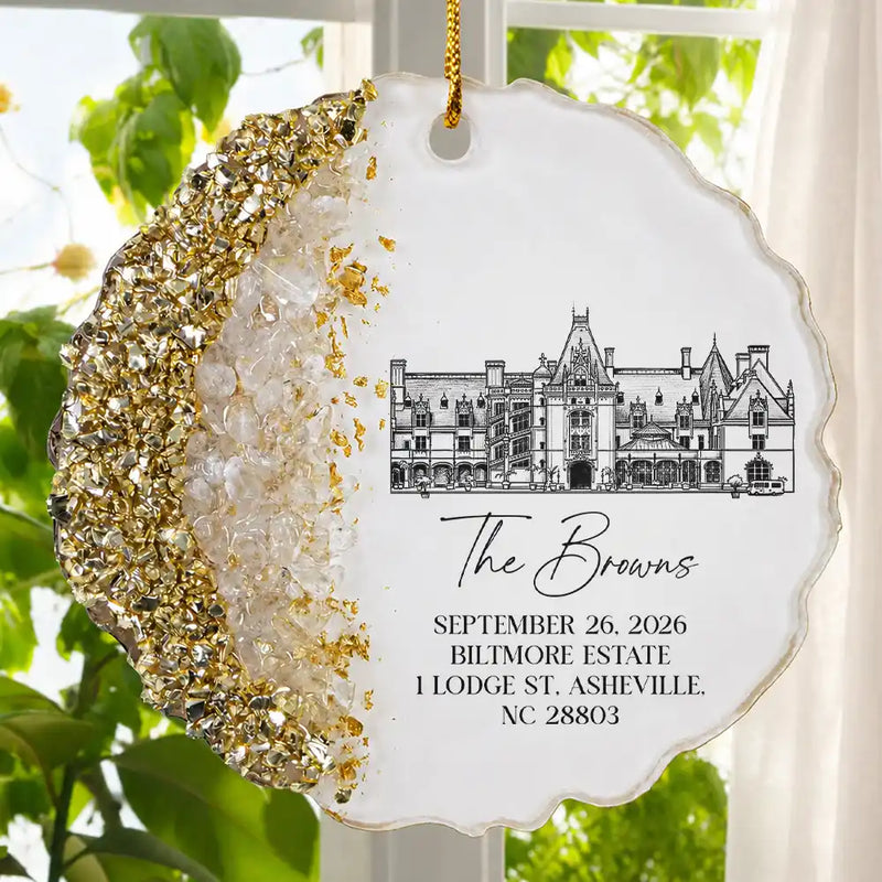 Art Design,Romantic,Gift For Couples,Wedding,Photo - Pencil Sketch - Remove BG (For Landscape) - Custom Photo Pencil Sketch Wedding Venue - Personalized Resin Ornament