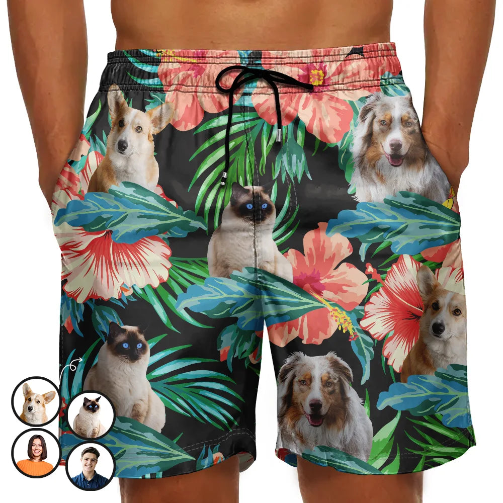 Summer, Custom Photo, Funny, Gift For Men, Gift For Yourself - Custom Photo People And Pet Faces Couple Dog Cat - Personalized Unisex Beach Shorts