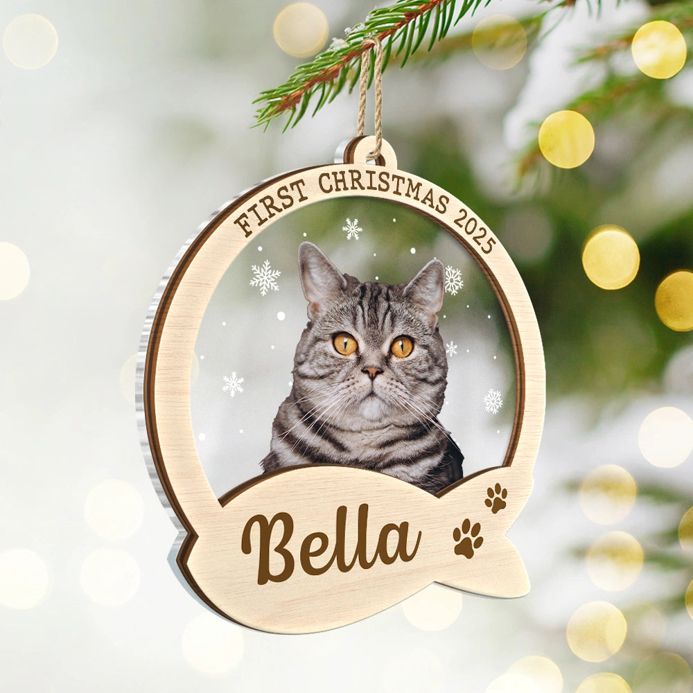 Custom Photo,Pet Lovers,Cat Lovers,Dog Lovers,Christmas - Custom Photo Pet Face First Christmas - Personalized 2-Layered Mix Ornament