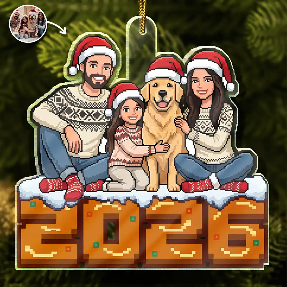 Custom Photo Pixel Art Christmas Family - Personalized Custom Shaped Acrylic Ornament