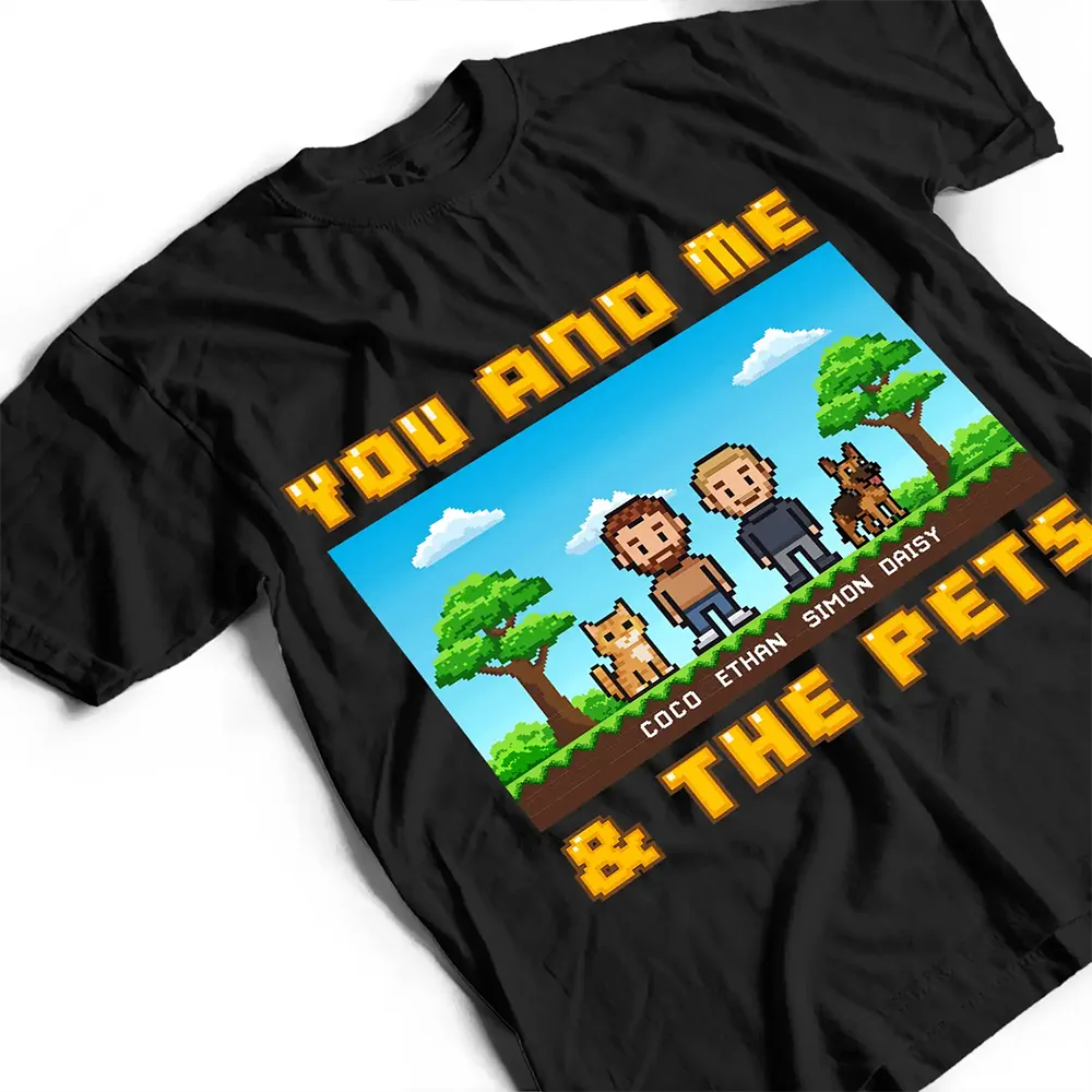 Gift For Couples,Gift For Husband,Gift For Wife,Gift For Boyfriend,Gift For Girlfriend,Pet Lovers,Pet Couple,Dog Lovers,Dog Couple,Cat Lovers,Cat Couple,Love - Custom Photo Pixel Art Standee You Me And The Dog Cat - Personalized T Shirt