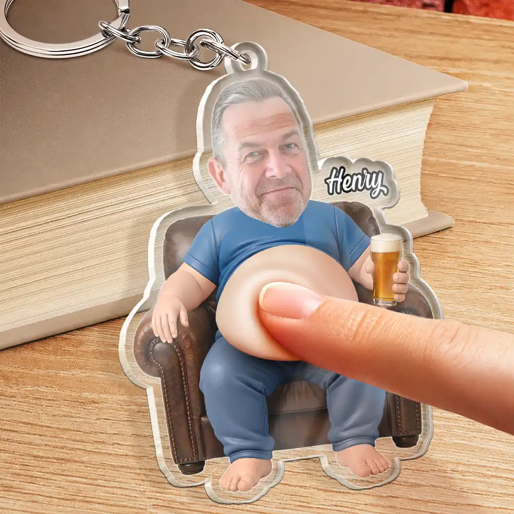 Gift For Father,Custom Photo,Humorous,Cut-Face Photo - Custom Photo Poke Dad Bod Belly - Personalized Squishy Acrylic Keychain