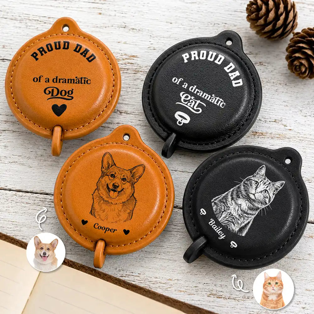 Custom Photo Proud Dad Of A Dramatic Dog Cat Pencil Sketch - Personalized Leather Tape Measure