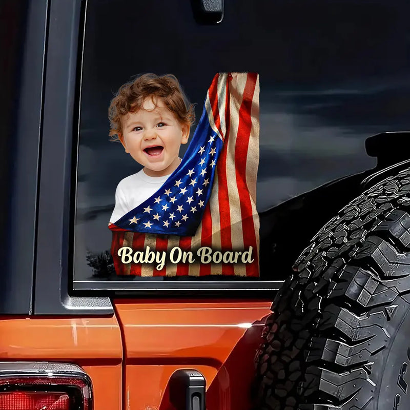 Pet Lovers, New baby, Independence Day, Custom Photo, Happy - Custom Photo Realistic Flag Baby And Paws On Board - Personalized Decor Decal