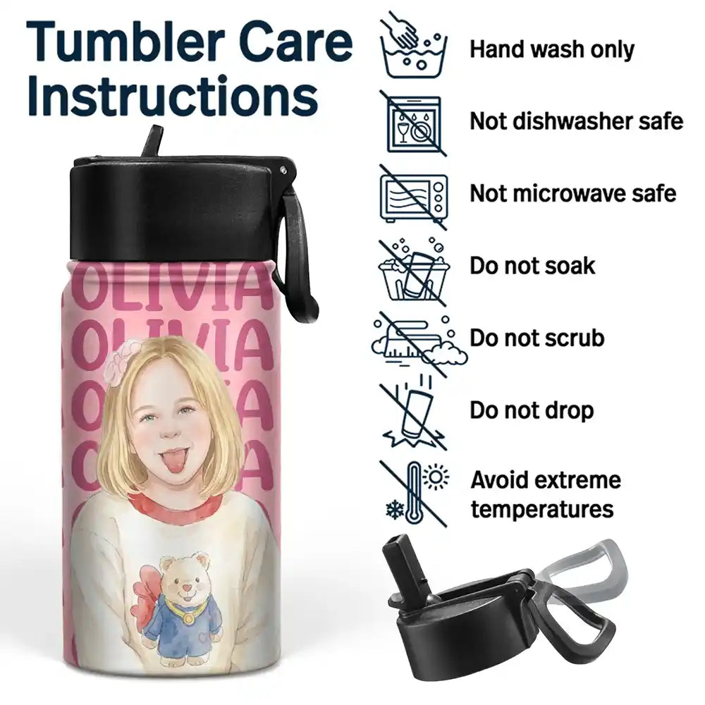 Adorable,Art Design,Back To School,Gift For Kids,Photo - Watercolor - Remove BG - Custom Photo Realistic Watercolor Art Adorable Kid With Name - Personalized Kids Water Bottle