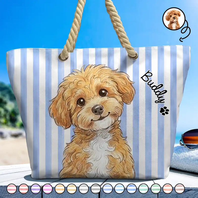 Custom Photo,Beach,Art Design,Summer,Pet Lovers,Adorable,Photo - Watercolor - Remove BG - Custom Photo Realistic Watercolor Art Cute Dog Cat Stripe Pattern - Personalized Beach Bag