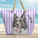 Custom Photo,Beach,Art Design,Summer,Pet Lovers,Adorable,Photo - Watercolor - Remove BG - Custom Photo Realistic Watercolor Art Cute Dog Cat Stripe Pattern - Personalized Beach Bag