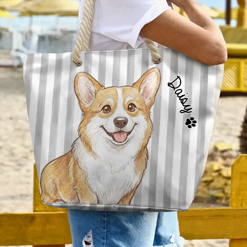 Custom Photo,Beach,Art Design,Summer,Pet Lovers,Adorable,Photo - Watercolor - Remove BG - Custom Photo Realistic Watercolor Art Cute Dog Cat Stripe Pattern - Personalized Beach Bag