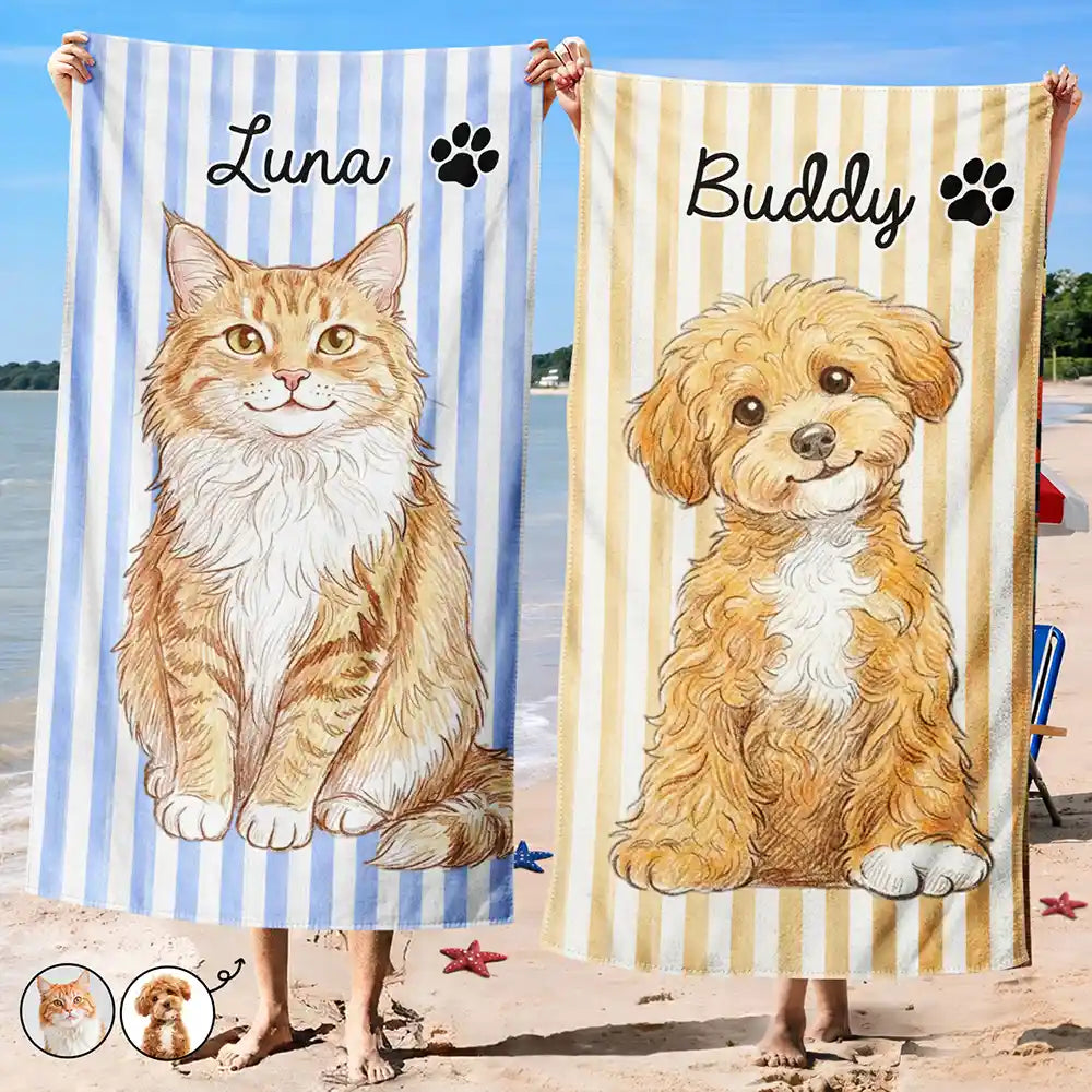 Custom Photo Colored Pencil Sketch Cute Dog Cat Stripe Pattern - Personalized Beach Towel