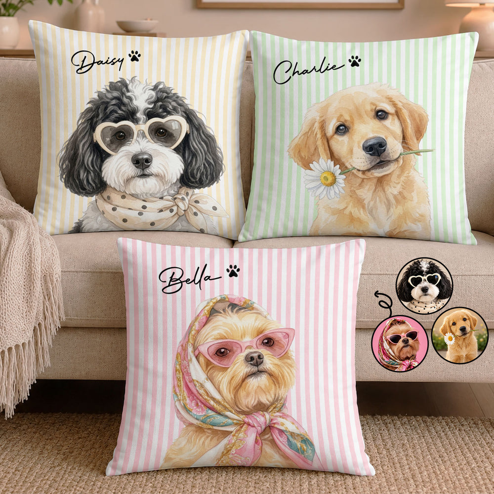 Custom Photo Realistic Watercolor Art Dog Cute Portrait Striped Pattern - Personalized Pillow