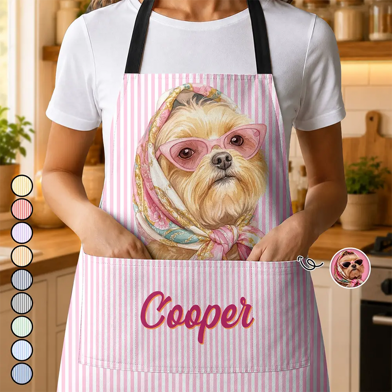 Art Design,Pet Lovers,Photo - Watercolor - Remove BG,Happy - Custom Photo Realistic Watercolor Art Dog Cat Slay Portrait Striped Pattern - Personalized Apron