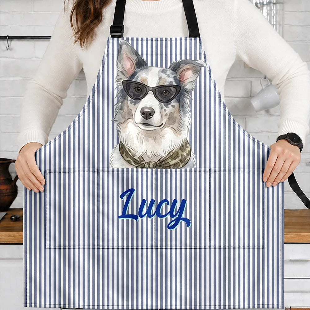 Art Design,Pet Lovers,Photo - Watercolor - Remove BG,Happy - Custom Photo Realistic Watercolor Art Dog Cat Slay Portrait Striped Pattern - Personalized Apron
