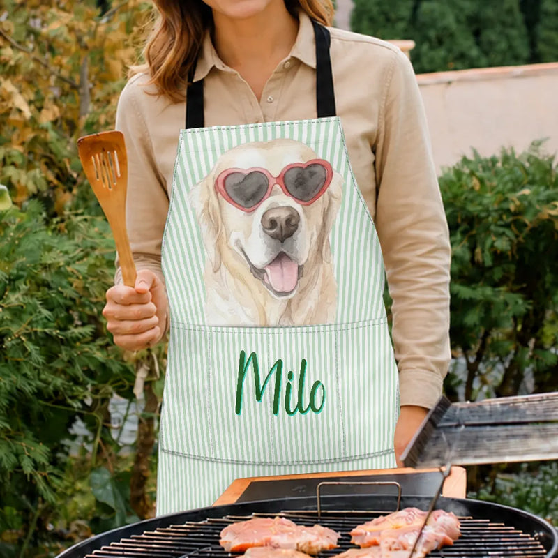 Art Design,Pet Lovers,Photo - Watercolor - Remove BG,Happy - Custom Photo Realistic Watercolor Art Dog Cat Slay Portrait Striped Pattern - Personalized Apron