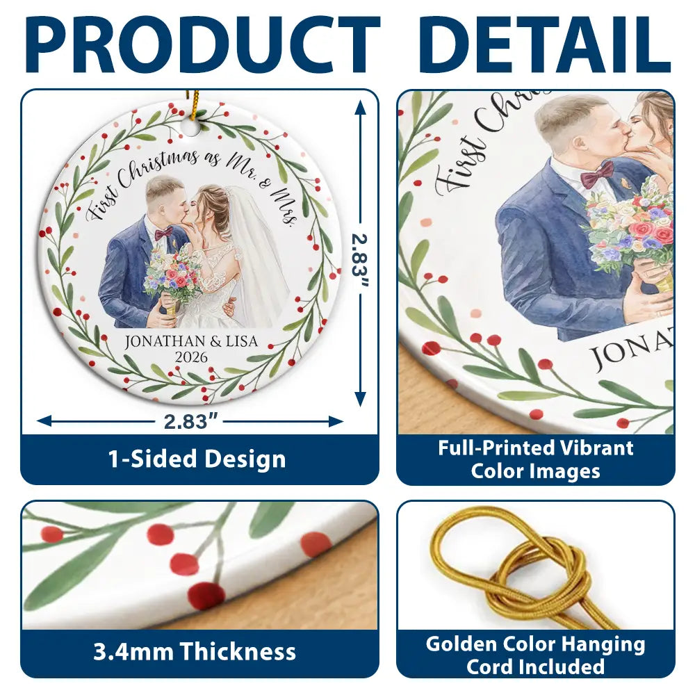Art Design,Christmas,Married Couple,Romantic,Gift For Couples,Photo - Watercolor - Remove BG - Custom Photo Realistic Watercolor Art First Christmas As Mr. & Mrs. Wedding Couple - Personalized Circle Ceramic Ornament