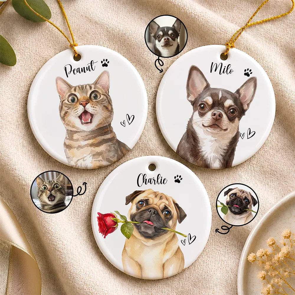 Custom Photo Realistic Watercolor Art Happy Dog Cat Pet - Personalized Circle Ceramic Ornament