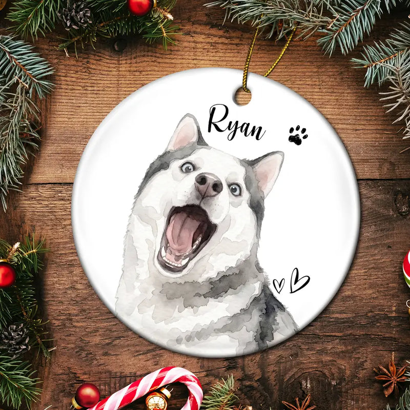 Top Market, Art Design, Playful, Christmas, Custom Photo, Pet Lovers, Photo - Watercolor - Remove BG - Custom Photo Realistic Watercolor Art Happy Dog Cat Pet - Personalized Circle Ceramic Ornament