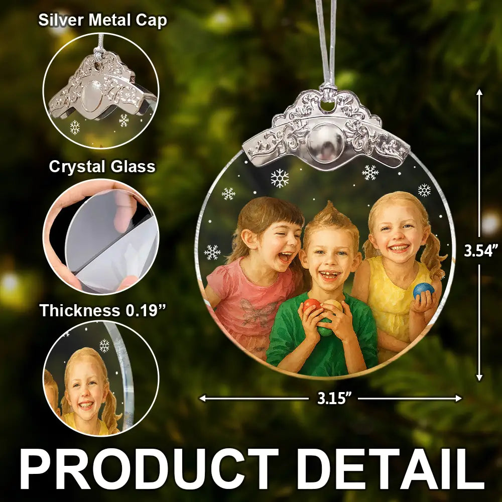 Happy,Christmas,Family,Gift For Kids,Gift For Grandkids,Gift For Grandparents,Parents - Custom Photo Realistic Watercolor Art Happy Kid - Personalized Glass Ornament With Silver Cap