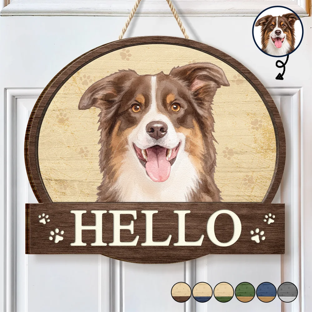 Art Design,Pet Lovers,Photo - Watercolor - Remove BG,Happy - Custom Photo Realistic Watercolor Art Hello Welcome Lovely Pet Portrait - Personalized Custom Shaped Wood Sign