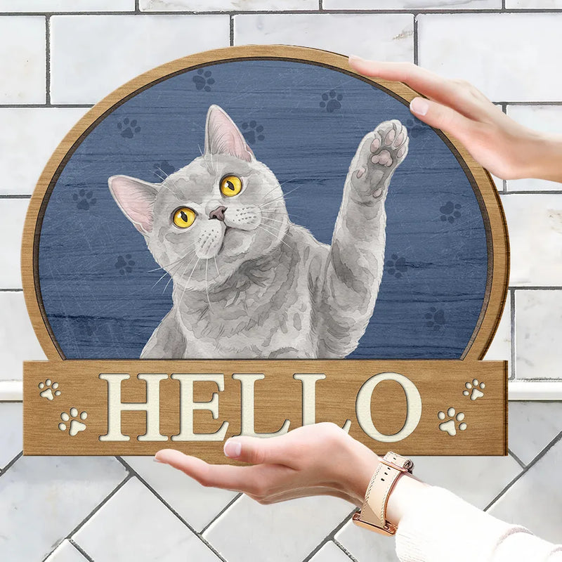 Art Design,Pet Lovers,Photo - Watercolor - Remove BG,Happy - Custom Photo Realistic Watercolor Art Hello Welcome Lovely Pet Portrait - Personalized Custom Shaped Wood Sign