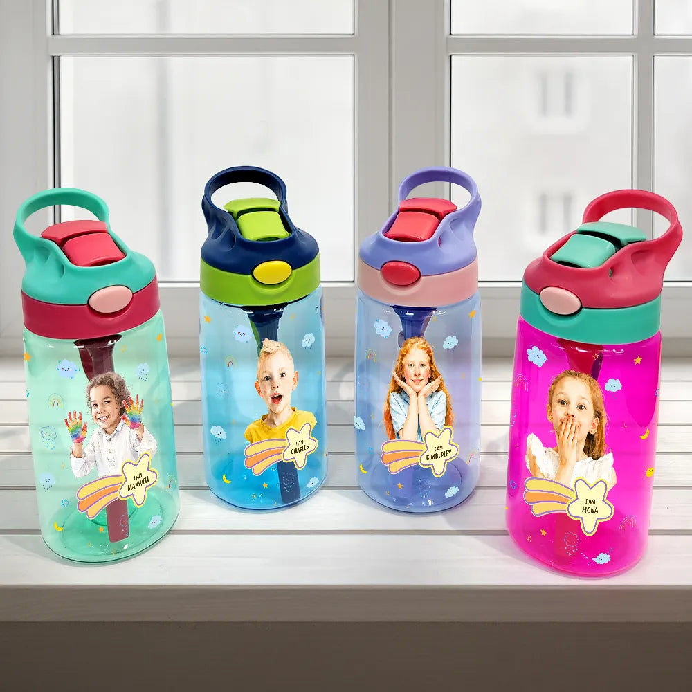 Back To School, Custom Photo, Art Design, Parents, Adorable, Photo - Watercolor - Remove BG - Custom Photo Realistic Watercolor Art I Am Affirmations - Personalized Kids Water Bottle With Straw