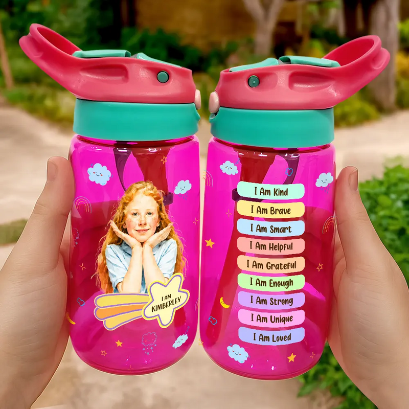 Back To School, Custom Photo, Art Design, Parents, Adorable, Photo - Watercolor - Remove BG - Custom Photo Realistic Watercolor Art I Am Affirmations - Personalized Kids Water Bottle With Straw