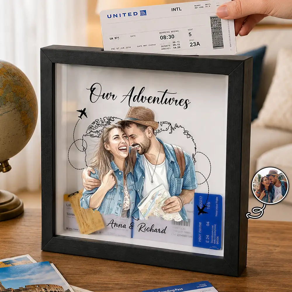 Custom Photo Realistic Watercolor Art Our Adventures Couple - Personalized Ticket Memory Box