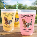 Custom Photo, Art Design, Wedding Anniversary, Gift For Couples, Pet Couple, Pet Lovers, Adorable, Photo - Watercolor - Remove BG - Custom Photo Realistic Watercolor Art Our Humans Are Getting Married - Personalized Frosted Cups