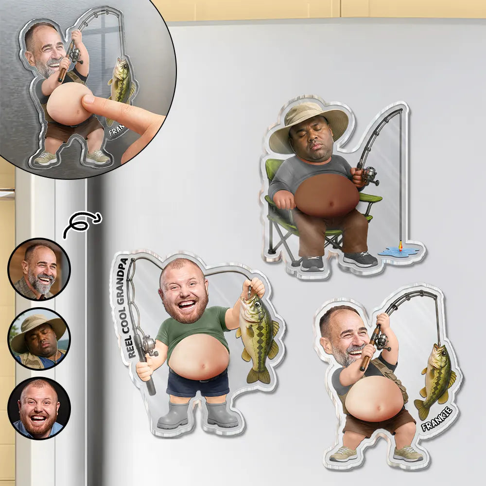 Gift For Father,Custom Photo,Fishing,Humorous,Cut-Face Photo - Custom Photo Reel Cool Dad Bod - Personalized Squishy Acrylic Fridge Magnet