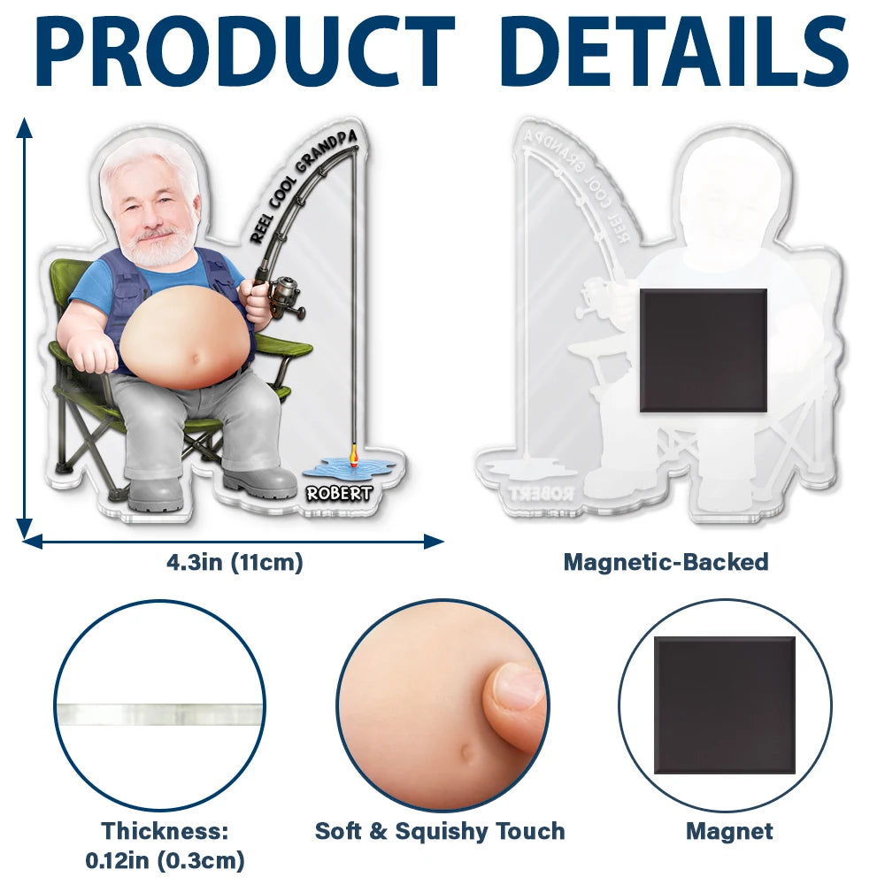Gift For Father,Custom Photo,Fishing,Humorous,Cut-Face Photo - Custom Photo Reel Cool Dad Bod - Personalized Squishy Acrylic Fridge Magnet