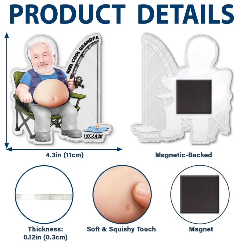 Gift For Father,Custom Photo,Fishing,Humorous,Cut-Face Photo - Custom Photo Reel Cool Dad Bod - Personalized Squishy Acrylic Fridge Magnet