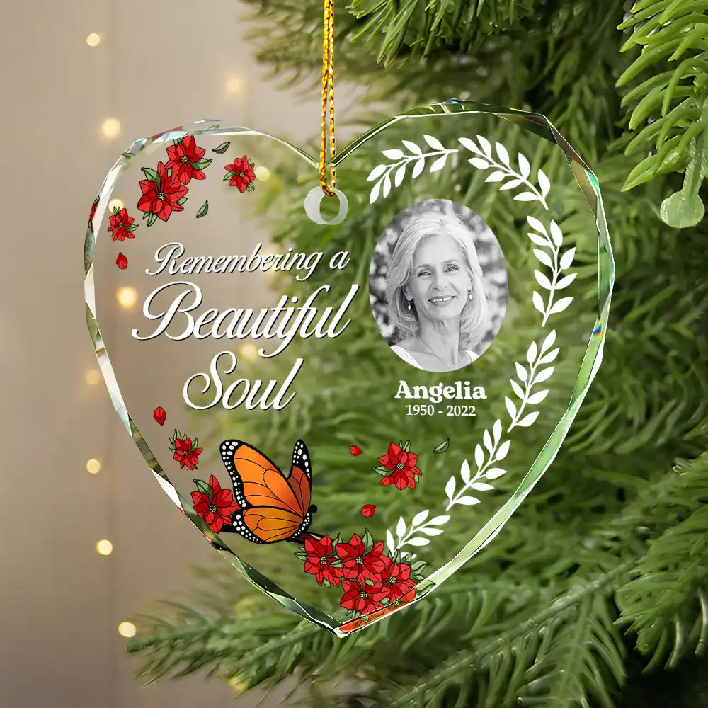 Gift For Wife,Gift For Women,Gift For Men,Gift For Husband,Christmas,Love,Gift For Daughter,Gift For Son,Gift For Mother,Gift For Father,Family,Custom Photo - Custom Photo Remembering A Beautiful Soul - Personalized Heart Shaped Glass Ornament