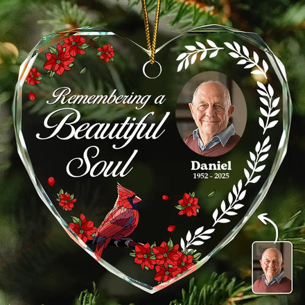 Custom Photo Remembering A Beautiful Soul - Personalized Heart Shaped Glass Ornament