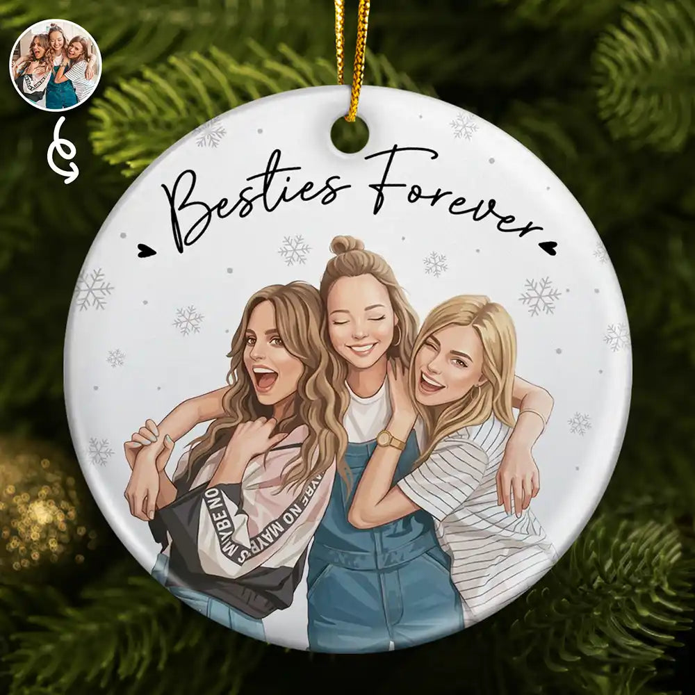 Custom Photo Semi Realistic Portrait Besties Forever - Personalized Circle Ceramic Ornament