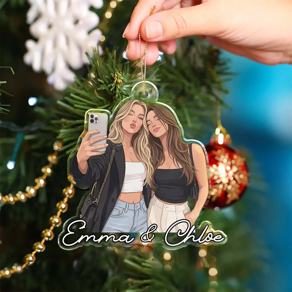 First Christmas,Art Design,Gift For Bestie,Playful,Christmas,Photo - Semi Realistic Portrait - Custom Photo Semi Realistic Portrait Besties Friend Forever Together - Personalized Custom Shaped Acrylic Ornament