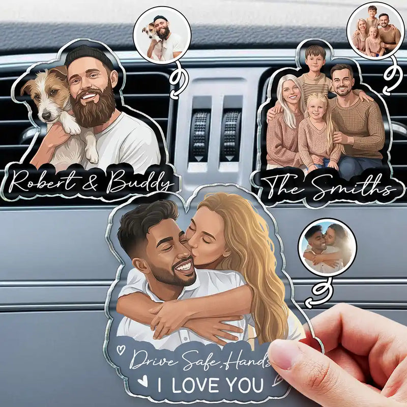 Art Design, Custom Photo, Romantic, Gift For Couples, Photo - Semi Realistic Portrait - Custom Photo Semi Realistic Portrait Family Couple Pet Lovers Portrait - Personalized Acrylic Car Vent Clip