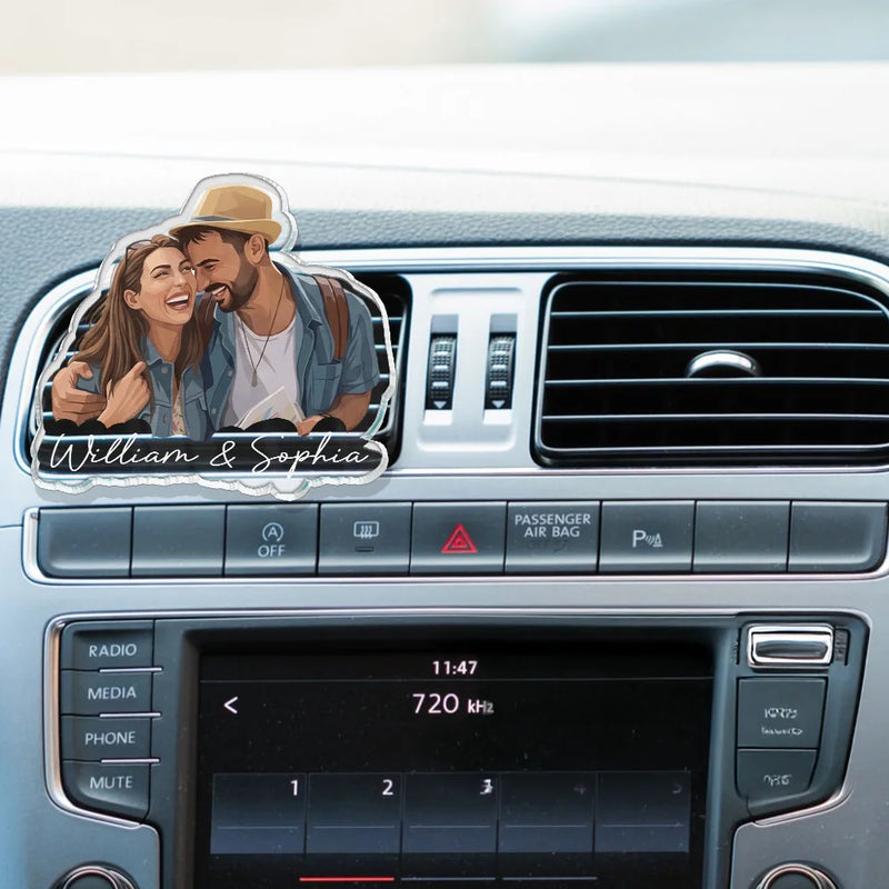 Art Design, Custom Photo, Romantic, Gift For Couples, Photo - Semi Realistic Portrait - Custom Photo Semi Realistic Portrait Family Couple Pet Lovers Portrait - Personalized Acrylic Car Vent Clip