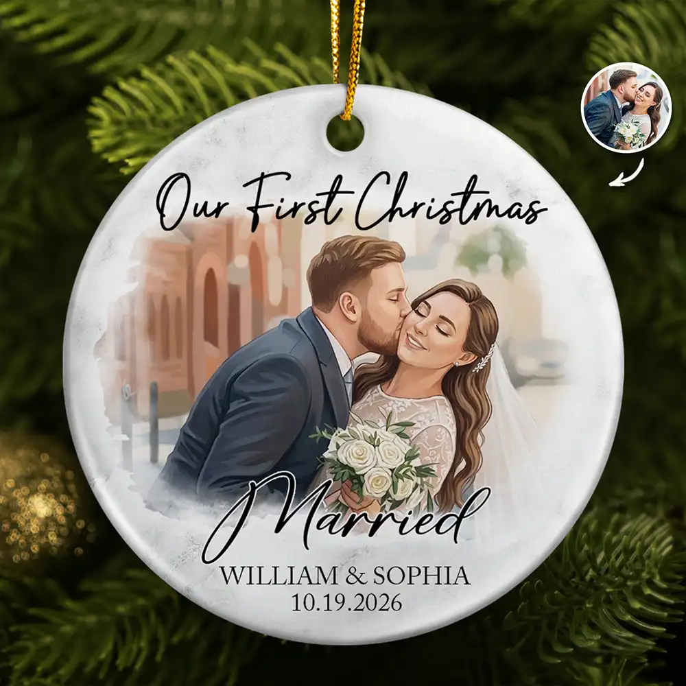 Custom Photo Semi Realistic Portrait First Christmas As Mr & Mrs Couples - Personalized Circle Ceramic Ornament