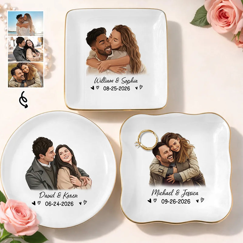 Custom Photo, Art Design, Gift For Couples, Romantic, Photo - Semi Realistic Portrait - Custom Photo Semi Realistic Portrait Happy Couple Anniversary - Personalized Ring Dish