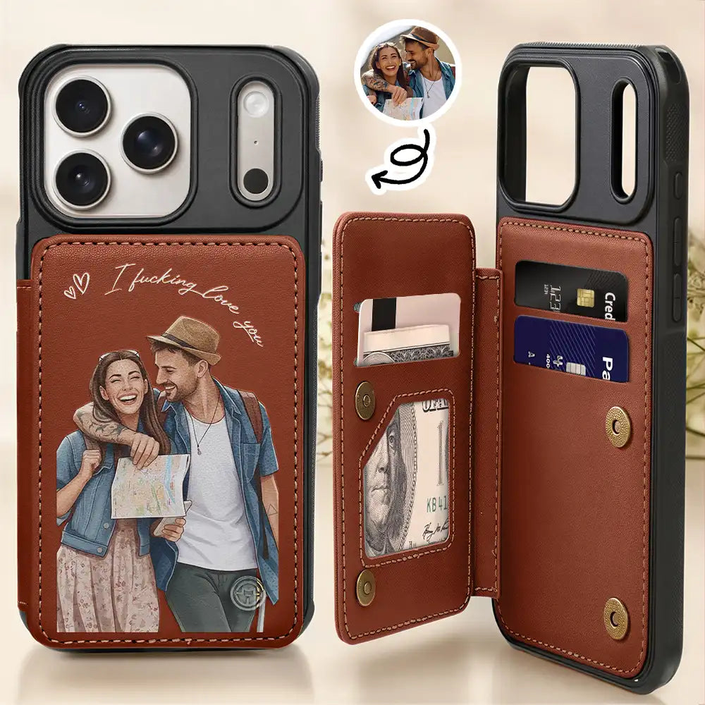 Custom Photo Semi Realistic Portrait Romantic Couple I Love You - Personalized Leather Flip Wallet Phone Case
