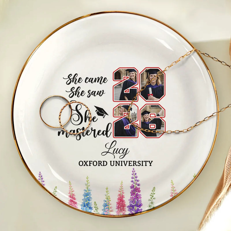 Graduation,Gift For Girlfriend,Gift For Bestie,Gift For Daughter,Happy - Custom Photo She Came She Saw She Mastered - Personalized Ring Dish