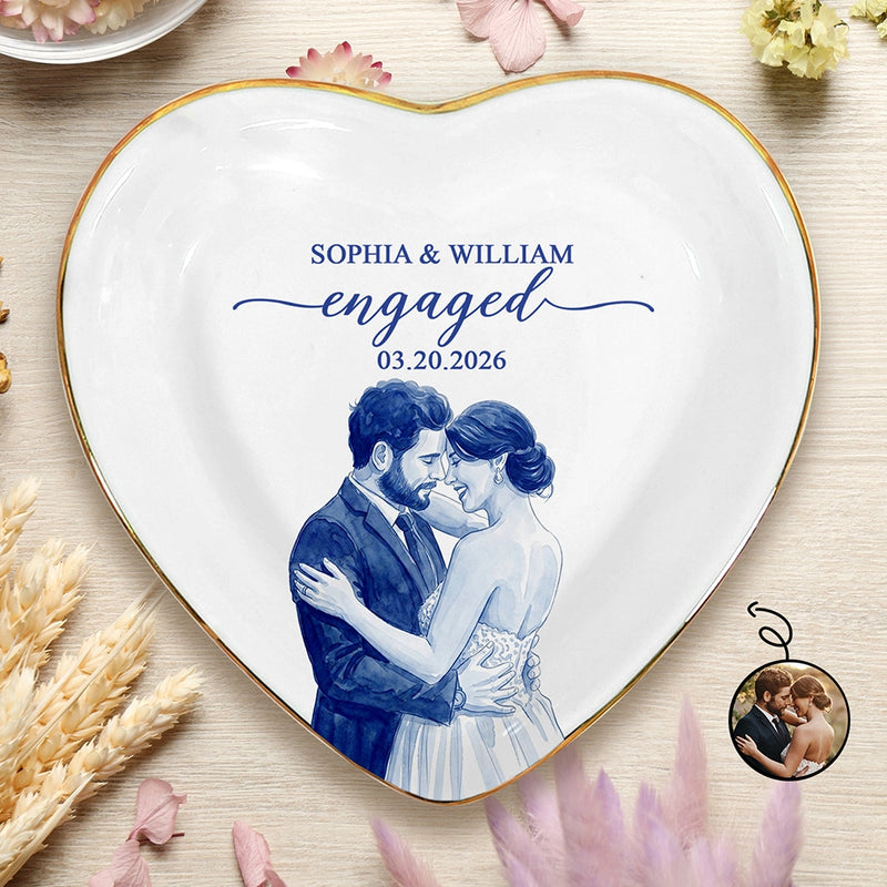 Art Design,Engaged Couple,Romantic,Gift For Couples,Wedding,Photo - Porcelain Art Style - Custom Photo Single-Color Watercolor Wedding Couple Engagement Bridal Shower - Personalized Ring Dish