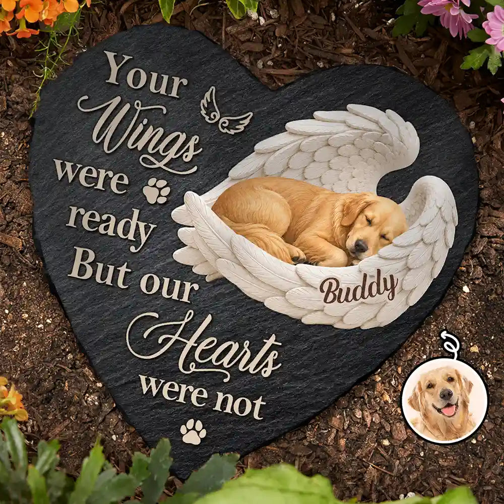 Custom Photo Sleeping Angel Your Wings Were Ready Dog Pet Lovers Memorial - Personalized Heart Memorial Garden Stone