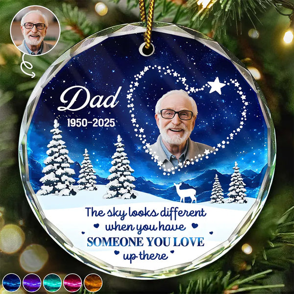 Gift For Yourself, Gift For Women, Gift For Men, Memorial, Dog Lovers, Pet Lovers, Cat Lovers, Sad, Christmas - Custom Photo Someone You Love Up There - Personalized Circle Glass Ornament