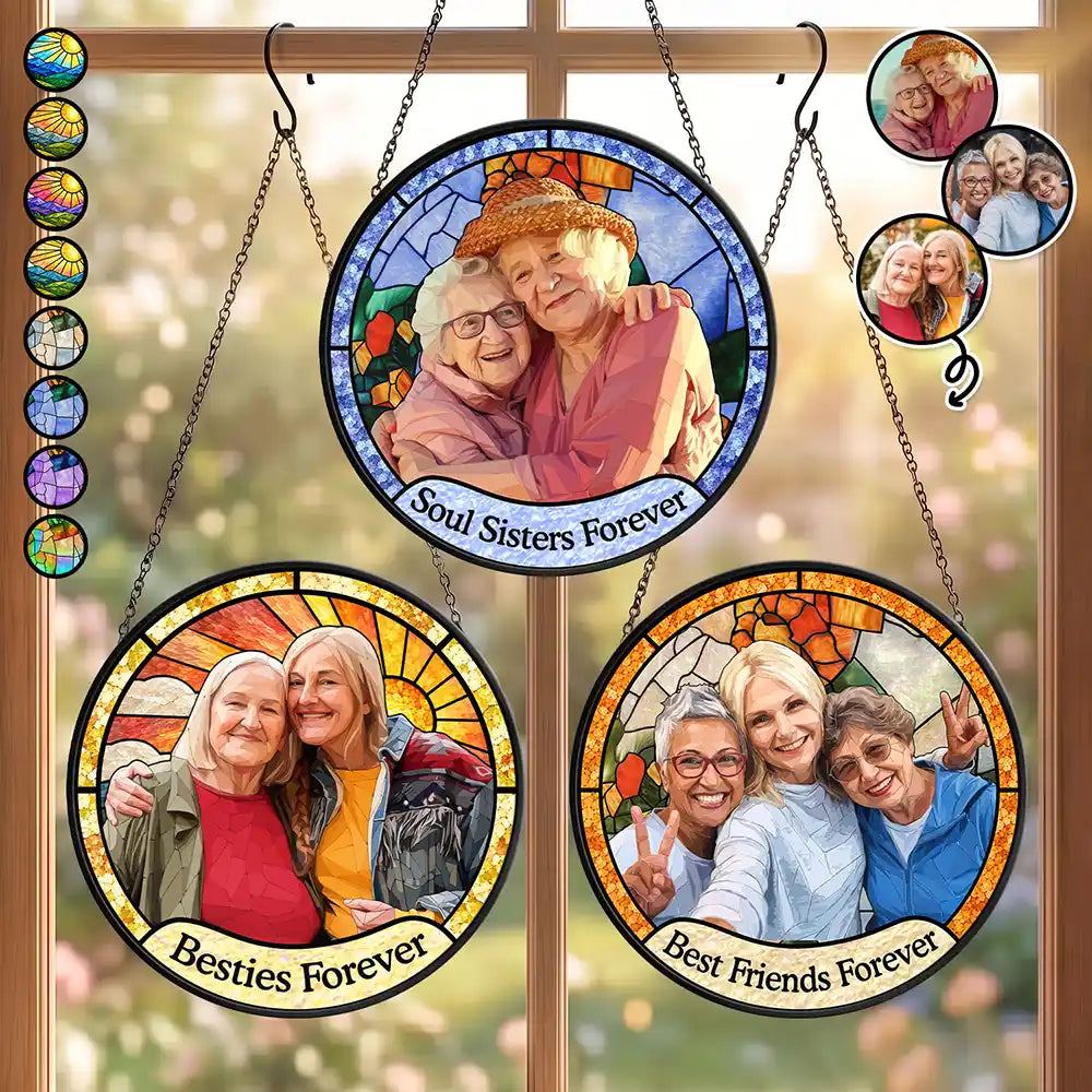 Art Design,Top Market,Gift For Bestie,Christmas,Photo - Stained Glass,Happy - Custom Photo Stained Glass Besties Keepsake Best Friends Forever - Personalized Stained Glass Window Hanging Suncatcher