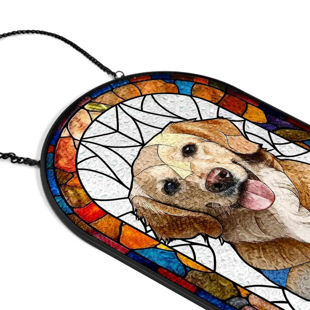 Happy,Dog Lovers,Pet Lovers,Cat Lovers - Custom Photo Stained Glass Portrait Dog Cat Family - Personalized Rounded Rectangle Stained Glass Suncatcher
