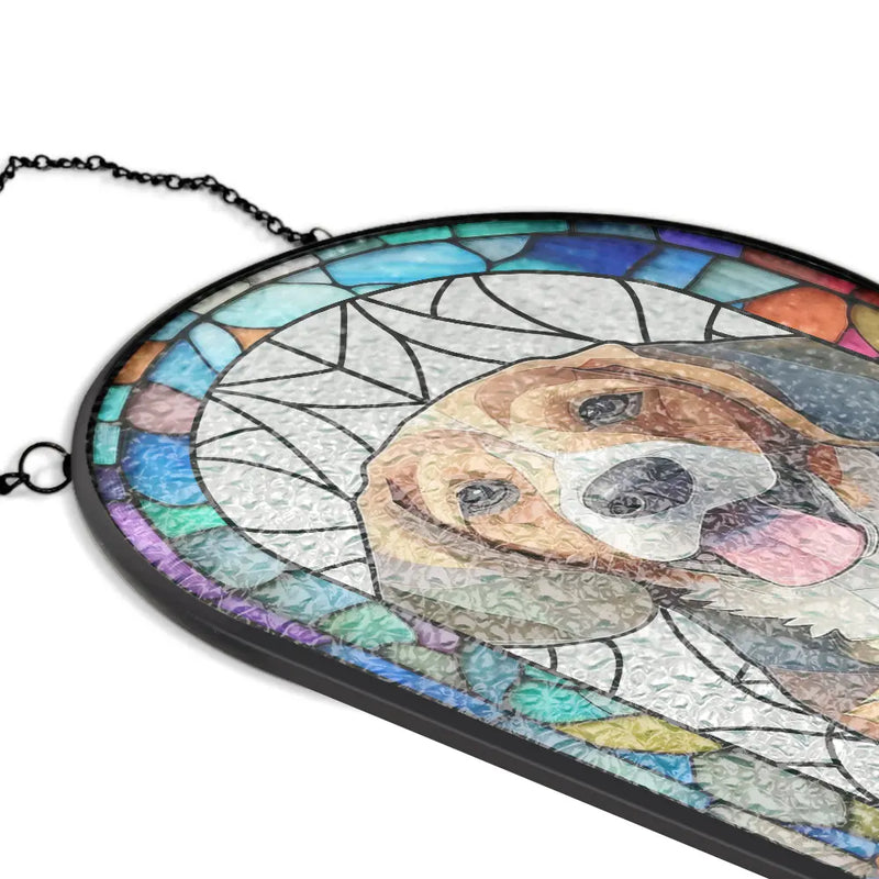 Happy,Dog Lovers,Pet Lovers,Cat Lovers - Custom Photo Stained Glass Portrait Dog Cat Family - Personalized Rounded Rectangle Stained Glass Suncatcher