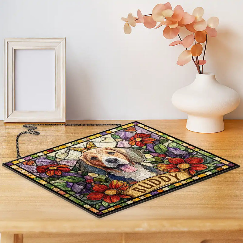 Art Design, Playful, Pet Lovers, Photo - Stained Glass - Custom Photo Stained Glass Portrait Dog Cat Family - Personalized Horizontal Stained Glass Suncatcher