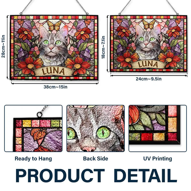 Art Design, Playful, Pet Lovers, Photo - Stained Glass - Custom Photo Stained Glass Portrait Dog Cat Family - Personalized Horizontal Stained Glass Suncatcher