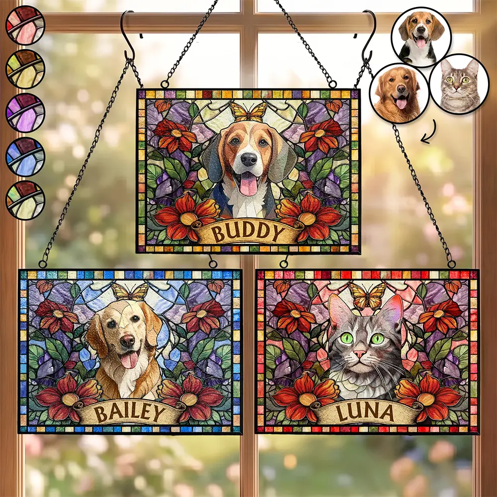 Custom Photo Stained Glass Portrait Dog Cat Family - Personalized Horizontal Stained Glass Suncatcher
