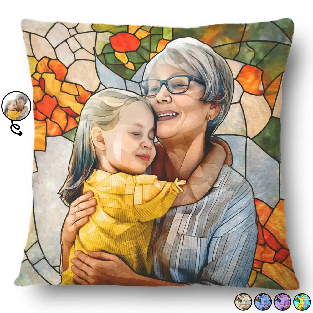 Gift For Wife,Gift For Mother,Gift For Grandma,Gift For Grandparents,Family,Love - Custom Photo Stained Glass Portrait Mom Grandma Parents Family - Personalized Pillow